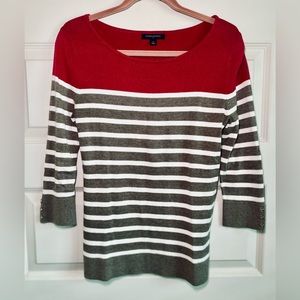 Banana Republic Grey and White Striped with Berry Red Woman’s 3/4 Sleeve Sweater